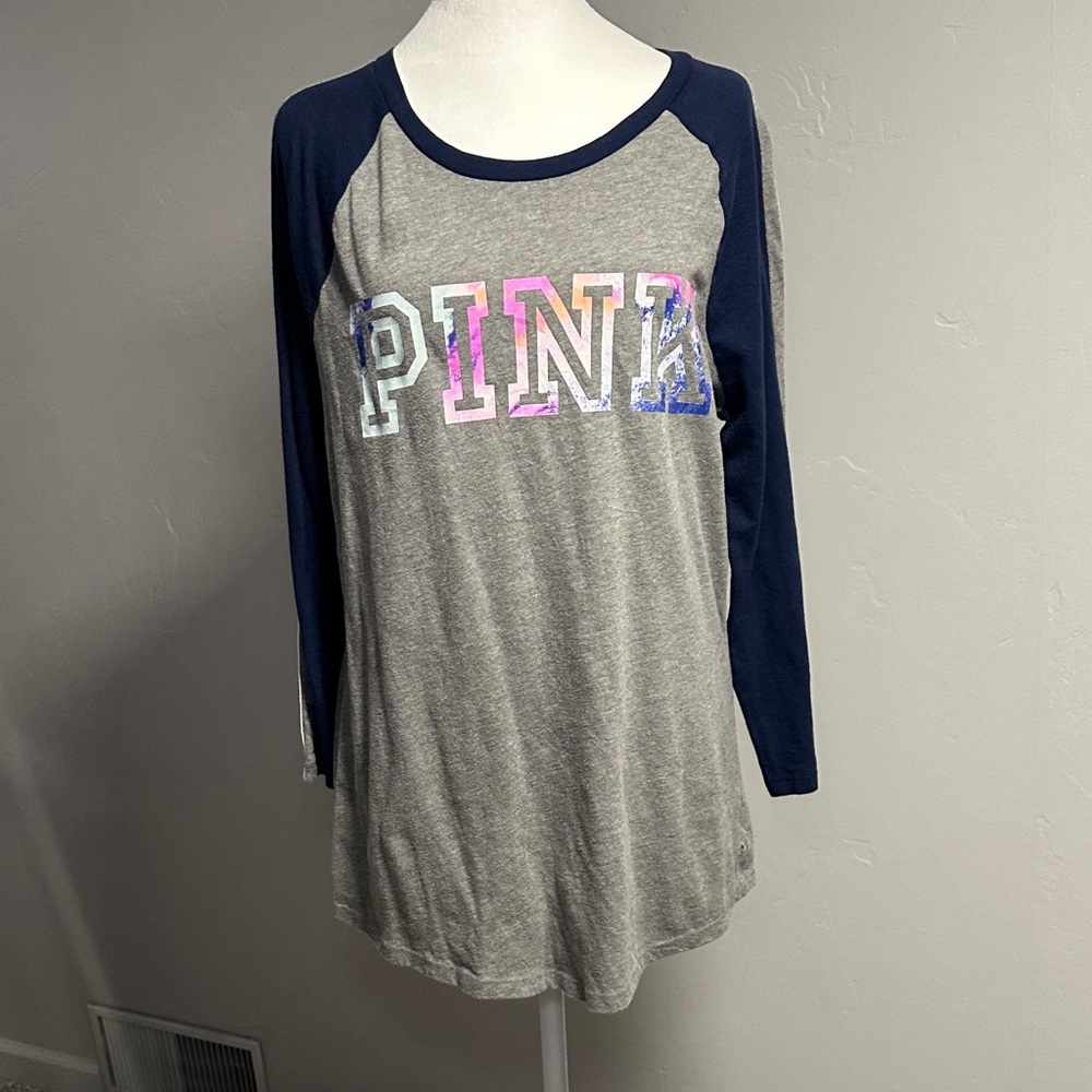 PINK Victoria's Secret Gray and Navy Long Sleeve Tee